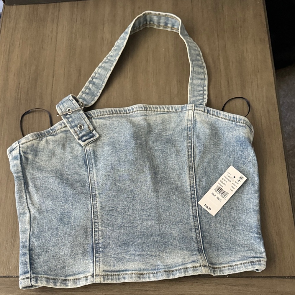 NWT PACSUN Light Blue Denim Bustier with Buckle Strap